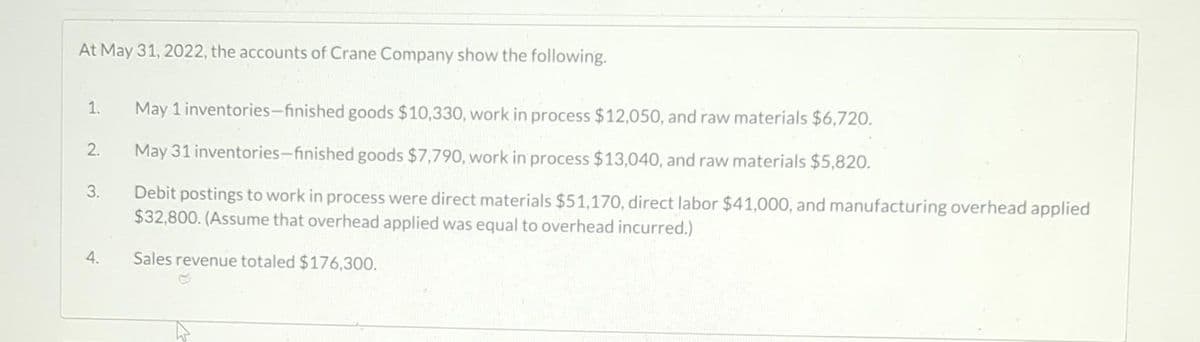 At May 31, 2022, the accounts of Crane Company show the following.
1.
2.
3.
4.
May 1 inventories-finished goods $10,330, work in process $12,050, and raw materials $6,720.
May 31 inventories-finished goods $7,790, work in process $13,040, and raw materials $5,820.
Debit postings to work in process were direct materials $51,170, direct labor $41,000, and manufacturing overhead applied
$32,800. (Assume that overhead applied was equal to overhead incurred.)
Sales revenue totaled $176,300.
O