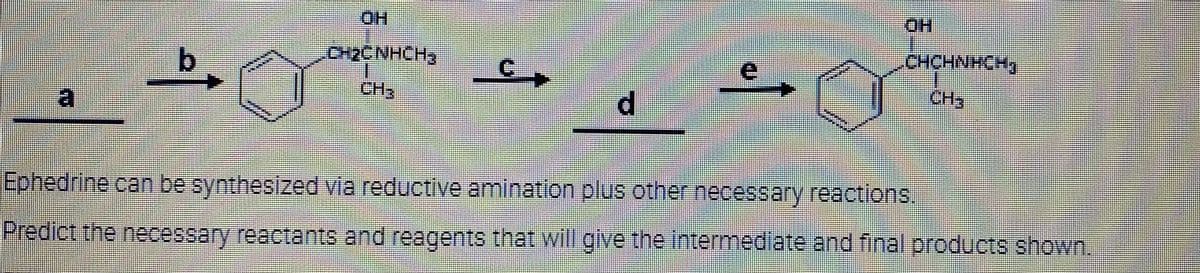 CH₂CNHCH₂
CH-₁
C
d
OH
CHCHNECH,
CH₂
Ephedrine can be synthesized via reductive amination plus other necessary reactions.
Predict the necessary reactants and reagents that will give the intermediate and final products shown.