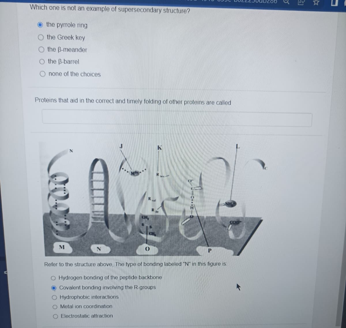 Which one is not an example of supersecondary structure?
the pyrrole ring
the Greek key
the B-meander
O the B-barrel
O none of the choices
Proteins that aid in the correct and timely folding of other proteins are called
Ja
K
Tel
Refer to the structure above. The type of bonding labeled "N" in this figure is:
O Hydrogen bonding of the peptide backbone
O Covalent bonding involving the R-groups
O Hydrophobic interactions
O Metal ion coordination
Electrostatic attraction
