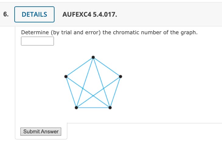 6.
DETAILS
AUFEXC4 5.4.017.
Determine (by trial and error) the chromatic number of the graph.
Submit Answer