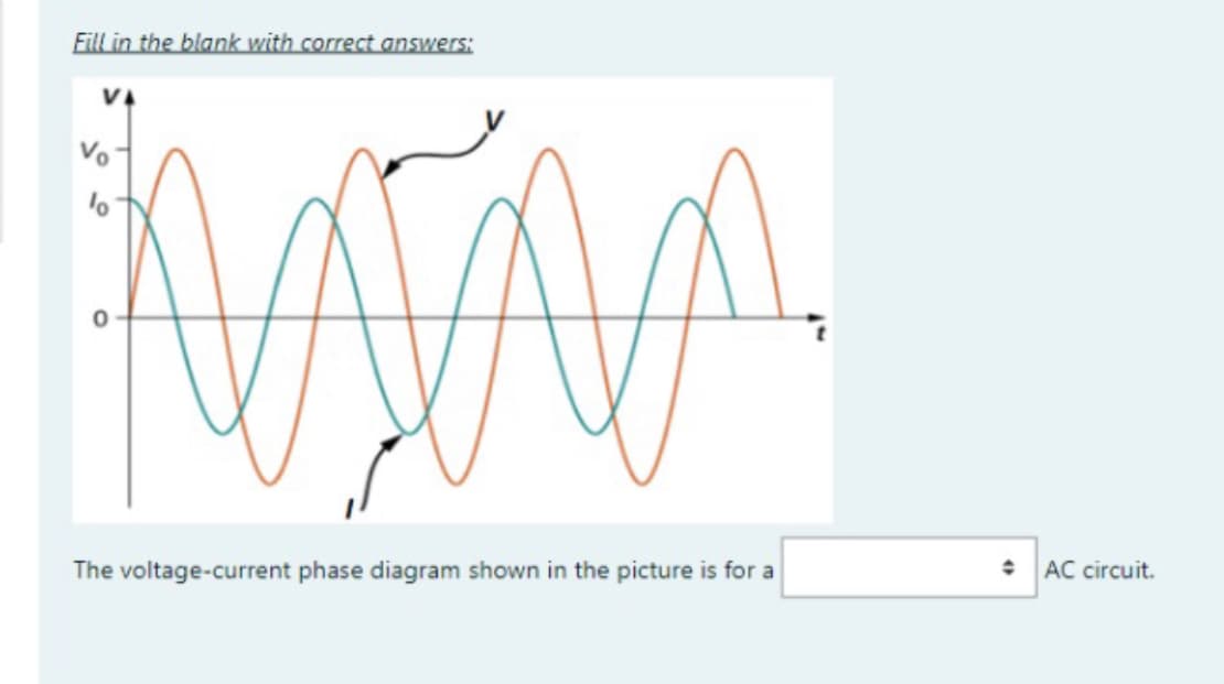 Fill in the blank with correct answers:
Vo
AC circuit.
The voltage-current phase diagram shown in the picture is for a

