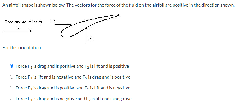An airfoil shape is shown below. The vectors for the force of the fluid on the airfoil are positive in the direction shown.
Free stream velocity F₁
U
For this orientation
To
F₂
Force F₁ is drag and is positive and F2 is lift and is positive
Force F₁ is lift and is negative and F2 is drag and is positive
Force F₁ is drag and is positive and F2 is lift and is negative
Force F₁ is drag and is negative and F2 is lift and is negative