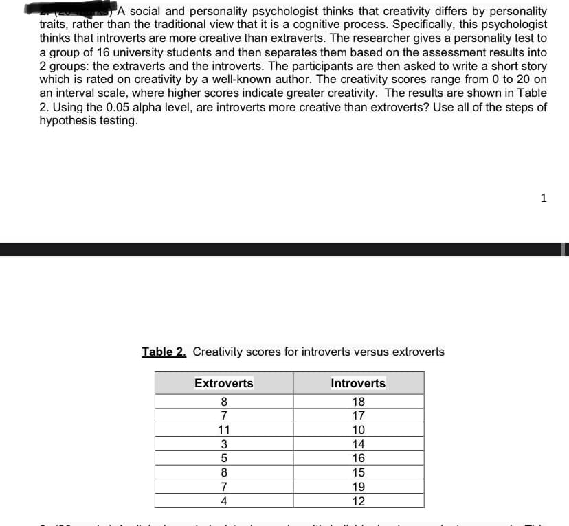 A social and personality psychologist thinks that creativity differs by personality
traits, rather than the traditional view that it is a cognitive process. Specifically, this psychologist
thinks that introverts are more creative than extraverts. The researcher gives a personality test to
a group of 16 university students and then separates them based on the assessment results into
2 groups: the extraverts and the introverts. The participants are then asked to write a short story
which is rated on creativity by a well-known author. The creativity scores range from 0 to 20 on
an interval scale, where higher scores indicate greater creativity. The results are shown in Table
2. Using the 0.05 alpha level, are introverts more creative than extroverts? Use all of the steps of
hypothesis testing.
1
Table 2. Creativity scores for introverts versus extroverts
Extroverts
Introverts
8
18
7
17
11
10
3
14
16
8
15
7
19
4
12
