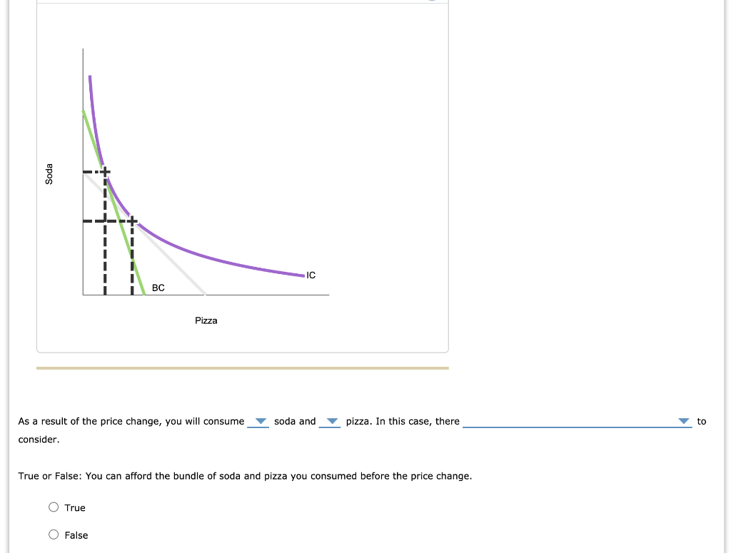 Soda
BC
O True
Pizza
As a result of the price change, you will consume ▼ soda and
consider.
O False
IC
True or False: You can afford the bundle of soda and pizza you consumed before the price change.
pizza. In this case, there
to