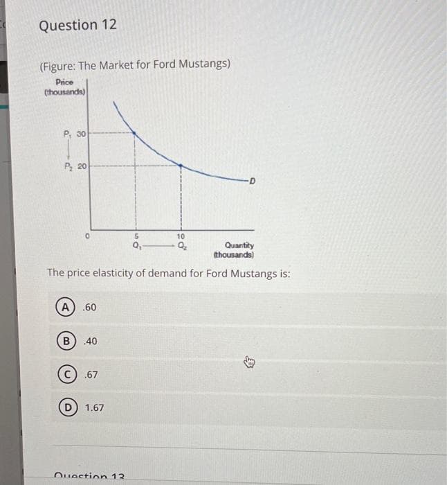 Question 12
(Figure: The Market for Ford Mustangs)
Price
(thousands)
P, 30
P₂ 20
A) .60
B .40
Quantity
(thousands)
The price elasticity of demand for Ford Mustangs is:
.67
1.67
5
Q₁-
Question 12
10
Q₂
D