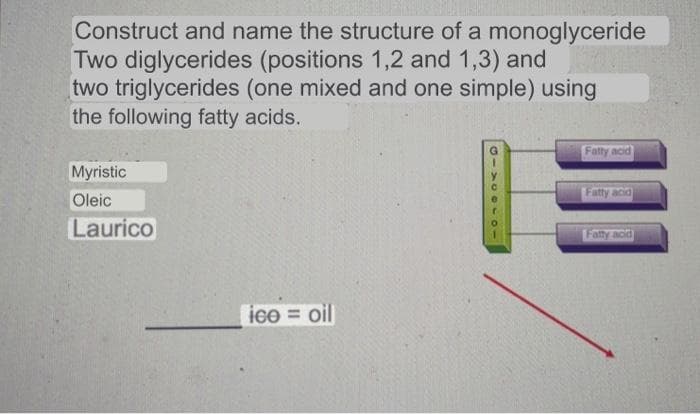 Construct and name the structure of a monoglyceride
Two diglycerides (positions 1,2 and 1,3) and
two triglycerides (one mixed and one simple) using
the following fatty acids.
Myristic
Oleic
Laurico
ice = oil
G
Fatty acid
Fatty acid
Fatty acid