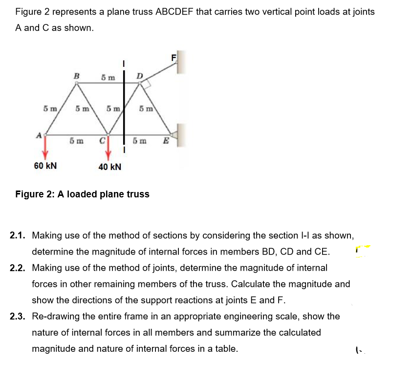 Figure 2 represents a plane truss ABCDEF that carries two vertical point loads at joints
A and C as shown.
B
5 m
5 m
5 m
5 m
5 m
5 m
5 m
E
60 kN
40 kN
Figure 2: A loaded plane truss
2.1. Making use of the method of sections by considering the section l-l as shown,
determine the magnitude of internal forces in members BD, CD and CE.
2.2. Making use of the method of joints, determine the magnitude of internal
forces in other remaining members of the truss. Calculate the magnitude and
show the directions of the support reactions at joints E and F.
2.3. Re-drawing the entire frame in an appropriate engineering scale, show the
nature of internal forces in all members and summarize the calculated
magnitude and nature of internal forces in a table.
F.

