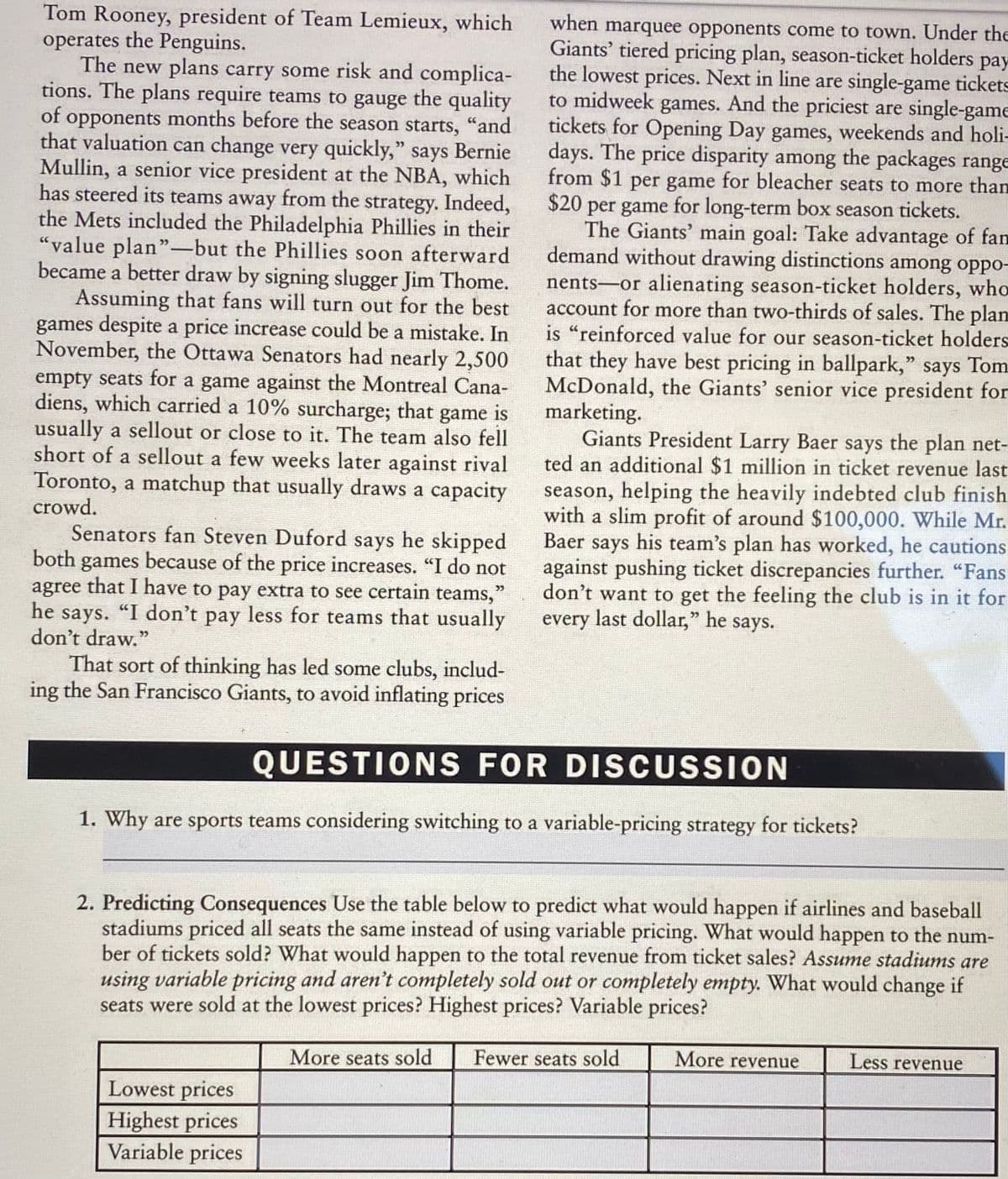 Tom Rooney, president of Team Lemieux, which
operates the Penguins.
The new plans carry some risk and complica-
tions. The plans require teams to gauge the quality
opponents months before the season starts, "and
that valuation can change very quickly," says Bernie
Mullin, a senior vice president at the NBA, which
has steered its teams away from the strategy. Indeed,
the Mets included the Philadelphia Phillies in their
“value plan"-but the Phillies soon afterward
became a better draw by signing slugger Jim Thome.
Assuming that fans will turn out for the best
games despite a price increase could be a mistake. In
November, the Ottawa Senators had nearly 2,500
empty seats for a game against the Montreal Cana-
diens, which carried a 10% surcharge; that game is
usually a sellout or close to it. The team also fell
short of a sellout a few weeks later against rival
Toronto, a matchup that usually draws a capacity
when marquee opponents come to town. Under the
Giants' tiered pricing plan, season-ticket holders pay
the lowest prices. Next in line are single-game tickets
to midweek games. And the priciest are single-game
tickets for Opening Day games, weekends and holi-
days. The price disparity among the packages range
from $1 per game for bleacher seats to more than
$20 per game for long-term box season tickets.
The Giants' main goal: Take advantage of fam
demand without drawing distinctions among oppo-
nents-or alienating season-ticket holders, who
account for more than two-thirds of sales. The plan
is "reinforced value for our season-ticket holders
of
that they have best pricing in ballpark," says Tom
McDonald, the Giants' senior vice president for
marketing.
Giants President Larry Baer says the plan net-
ted an additional $1 million in ticket revenue last
season, helping the heavily indebted club finish
with a slim profit of around $100,000. While Mr.
Baer says his team's plan has worked, he cautions
against pushing ticket discrepancies further. "Fans
don't want to get the feeling the club is in it for
every last dollar," he says.
crowd.
Senators fan Steven Duford says he skipped
both games because of the price increases. "“I do not
agree that I have to pay extra to see certain teams,"
he says. "I don't pay less for teams that usually
don't draw."
That sort of thinking has led some clubs, includ-
ing the San Francisco Giants, to avoid inflating prices
QUESTIONS FOR DISCUSSION
1. Why are sports teams considering switching to a variable-pricing strategy for tickets?
2. Predicting Consequences Use the table below to predict what would happen if airlines and baseball
stadiums priced all seats the same instead of using variable pricing. What would happen to the num-
ber of tickets sold? What would happen to the total revenue from ticket sales? Assume stadiums are
using variable pricing and aren't completely sold out or completely empty. What would change if
seats were sold at the lowest prices? Highest prices? Variable prices?
More seats sold
Fewer seats sold
More revenue
Less revenue
Lowest prices
Highest prices
Variable prices
