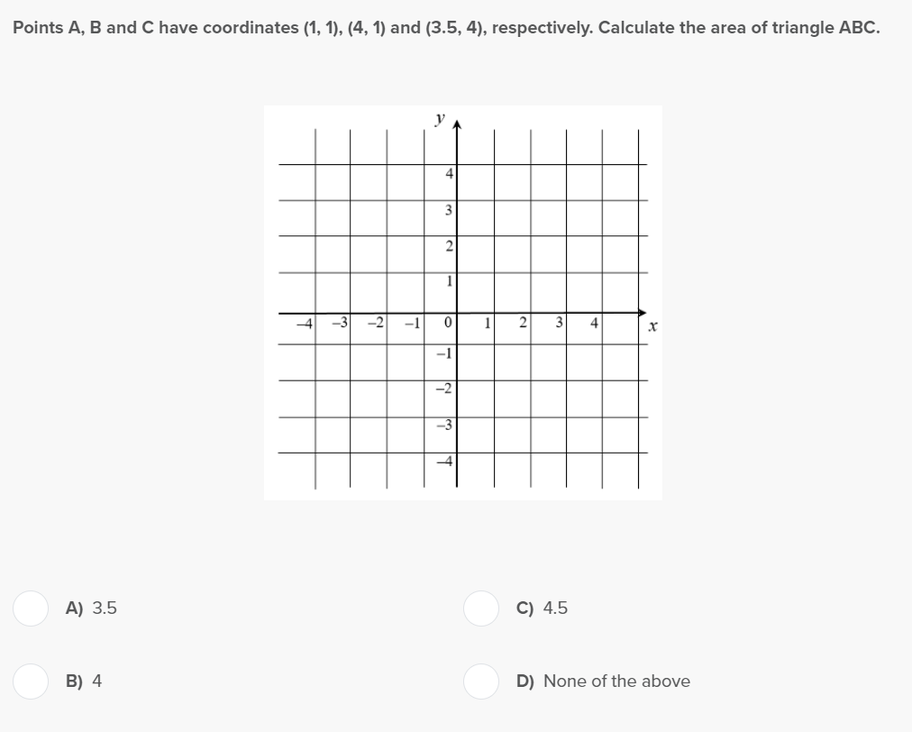 Points A, B and C have coordinates (1, 1), (4, 1) and (3.5, 4), respectively. Calculate the area of triangle ABC.
A) 3.5
B) 4
-3 -2
-1
y
4
3
2
1
0
-1
-2
1
2
3
C) 4.5
4
X
D) None of the above