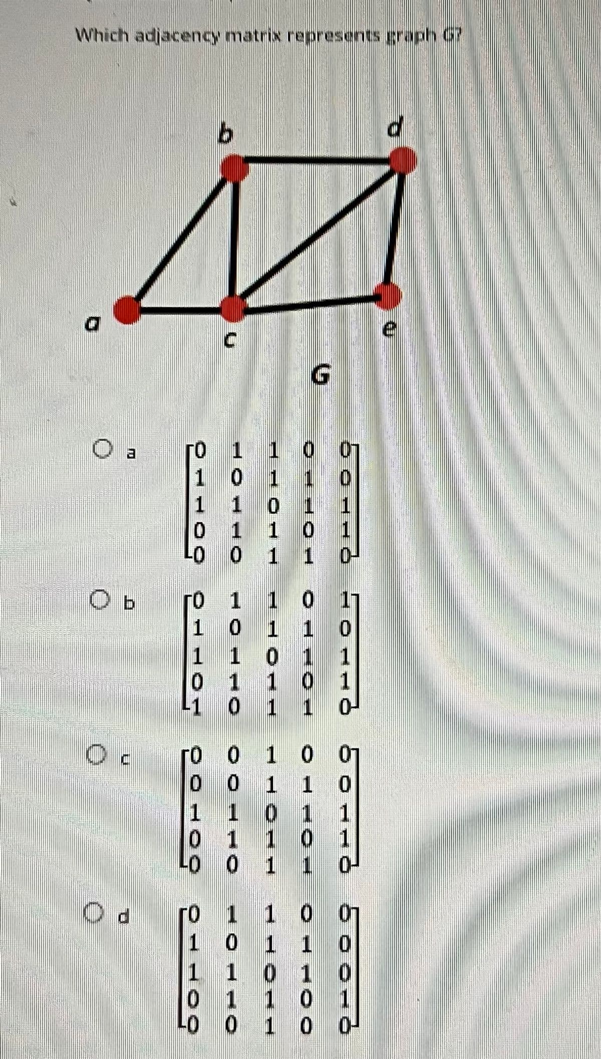 Which adjacency matrix represents graph 67
5
bord ㅇㅇ ㅇㅇ
0
S-CEH
E O
TH
O b
OLTO
ㅇㅇㅇ ㅇㅇ ㅇㅇ~09
ㅇㅁㄴㅇ
50046
PO
0
1
CHOO