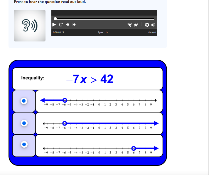 Press to hear the question read out loud.
Inequality:
CH
0:00/0:13
Speed: 1x
-7x > 42
-9-8-7-6 -5 -4 -3 -2 -1 0 12 3 4
9
-9-8-7-6 -5 -4 -3 -2 -1 0 1 2 3 4
-9 -8 -7 -6 -5 -4 -3 -2 -1 0 1 2 3
| 0
Paused
5 6 7 89
4 5
5 6 7 8 9
6 789