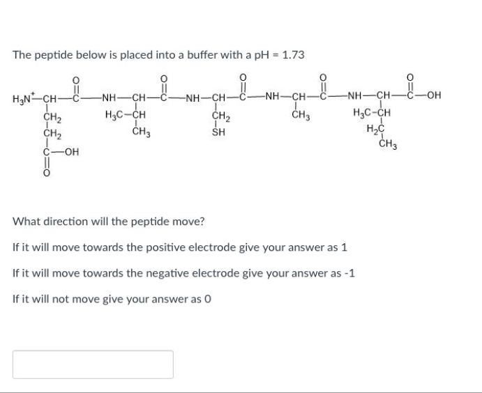 The peptide below is placed into a buffer with a pH = 1.73
H3N-CH-
I
CH2
-NH—CH—C
H3C-CH
-NH–CH
I.
NH–CH–C
NH—CH
-OH
CH2
CH3
H3C-CH
CH2
CH3
SH
H₂C
CH3
-OH
What direction will the peptide move?
If it will move towards the positive electrode give your answer as 1
If it will move towards the negative electrode give your answer as -1
If it will not move give your answer as O