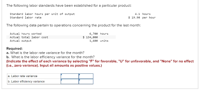 The following labor standards have been established for a particular product:
Standard labor hours per unit of output
Standard labor rate
The following data pertain to operations concerning the product for the last month:
Actual hours worked
Actual total labor cost
Actual output
6,700 hours
a. Labor rate variance
b. Labor efficiency variance
$ 134,000
4.1 hours
$19.90 per hour
1,600 units
Required:
a. What is the labor rate variance for the month?
b. What is the labor efficiency variance for the month?
(Indicate the effect of each variance by selecting "F" for favorable, "U" for unfavorable, and "None" for no effect
(i.e., zero variance). Input all amounts as positive values.)