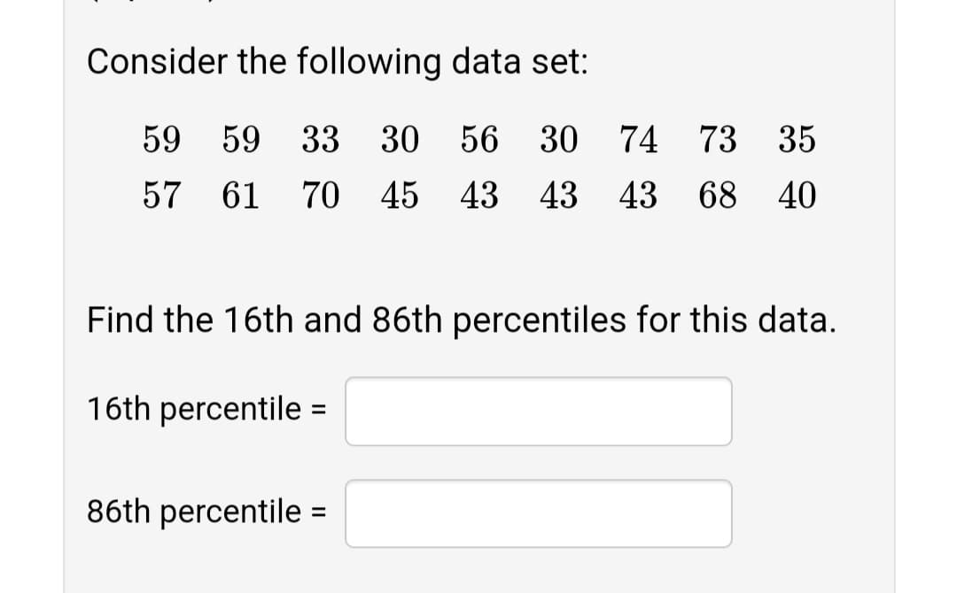 Consider the following data set:
59
59 33 30 56 30
74 73 35
57 61
70 45 43
43 43
68 40
Find the 16th and 86th percentiles for this data.
16th percentile =
86th percentile =
