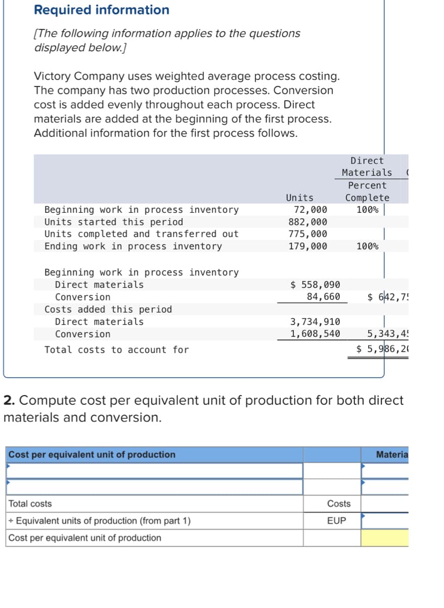 Required information
[The following information applies to the questions
displayed below.]
Victory Company uses weighted average process costing.
The company has two production processes. Conversion
cost is added evenly throughout each process. Direct
materials are added at the beginning of the first process.
Additional information for the first process follows.
Beginning work in process inventory
Units started this period
Units completed and transferred out
Ending work in process inventory
Beginning work in process inventory
Direct materials
Conversion
Costs added this period
Direct materials
Conversion
Total costs to account for
Cost per equivalent unit of production
Units
Total costs
+ Equivalent units of production (from part 1)
Cost per equivalent unit of production
72,000
882,000
775,000
179,000
$ 558,090
84,660
3,734,910
1,608,540
Direct
Materials
Percent
Complete
100%
100%
2. Compute cost per equivalent unit of production for both direct
materials and conversion.
Costs
EUP
(
$ 642,7!
5,343,4!
$ 5,986,20
Materia