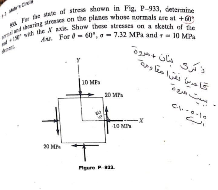 Mohr's Circle
normal and shearing stresses on the planes whose normals are at +60°
933. For the state of stress shown in Fig. P-933, determine
and +150° with the X axis. Show these stresses on a sketch of the
Ans. For 0 = 60°, o = 7.32 MPa and 1 =
element.
10 MPa
Y
هم
20 MPa
10 MPa
20 MPa
بنان +مروه
قاعدين نفرا مقاومة
ذكرى
بیت مروة
-X
10 MPa
Flgure P-933.
١٥-٢٠١٠٠٥
البت