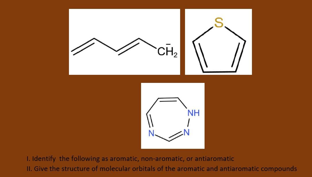 .S.
CH2
NH
I. Identify the following as aromatic, non-aromatic, or antiaromatic
II. Give the structure of molecular orbitals of the aromatic and antiaromatic compounds
