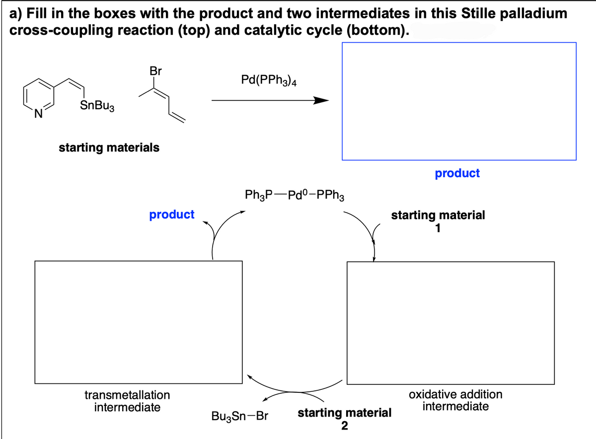a) Fill in the boxes with the product and two intermediates in this Stille palladium
cross-coupling reaction (top) and catalytic cycle (bottom).
N
SnBu3
Br
starting materials
product
transmetallation
intermediate
Pd(PPH3)4
Ph₂P-Pdº-PPh3
Bu3Sn-Br starting material
2
product
starting material
1
oxidative addition
intermediate