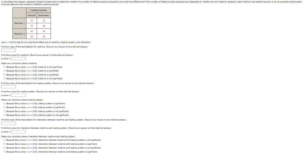 A manufacturing company designed a factorial experiment to determine whether the number of defective parts produced by two machines differed and if the number of defective parts produced also depended on whether the raw material needed by each machine was loaded manually or by an automatic feed system.
following data give the numbers of defective parts produced.
Loading System
Manual
Automatic
30
30
Machine 1
34
26
20
24
Machine 2
22
28
Use a = 0.05 to test for any significant effect due to machine, loading system, and interaction.
Find the value of the test statistic for machine. (Round your answer to two decimal places.)
Find the p-value for machine. (Round your answer to three decimal places.)
p-value =
State your conclusion about machine.
O Because the p-value > a = 0.05, machine is not significant.
O Because the p-value > a = 0.05, machine is significant.
O Because the p-value sa = 0.05, machine is significant.
O Because the p-value sa = 0.05, machine is not significant.
Find the value of the test statistic for loading system. (Round your answer to two decimal places.)
Find the p-value for loading system. (Round your answer to three decimal places.)
p-value =
State your conclusion about loading system.
O Because the p-value s a = 0.05, loading system is significant.
O Because the p-value > a = 0.05, loading system is significant.
O Because the p-value > a = 0.05, loading system is not significant.
O Because the p-value s a = 0.05, loading system is not significant.
Find the value of the test statistic for interaction between machine and loading system. (Round your answer to two decimal places.)
Find the p-value for interaction between machine and loading system. (Round your answer to three decimal places.)
p-value =
State your conclusion about interaction between machine and loading system.
O Because the p-value > a = 0.05, interaction between machine and loading system is not significant.
O Because the p-value s a = 0.05, interaction between machine and loading system is significant.
O Because the p-value sa = 0.05, interaction between machine and loading system is not significant.
O Because the p-value > a = 0.05, interaction between machine and loading system is significant.
