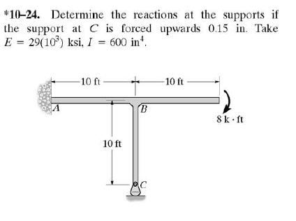 *10-24. Determine the reactions at the supports if
the support at C is forced upwards 0.15 in. Take
E = 29(10) ksi, I = 600 in".
10 ft
10 ft
8k ft
10 ft
