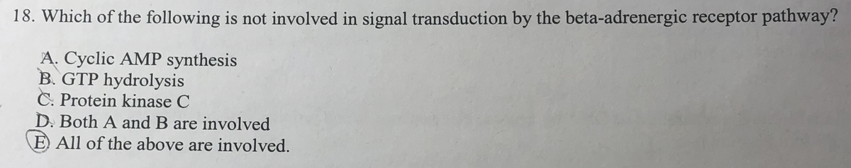 18. Which of the following is not involved in signal transduction by the beta-adrenergic receptor pathway?
A. Cyclic AMP synthesis
B. GTP hydrolysis
C. Protein kinase C
D. Both A and B are involved
E) All of the above are involved.