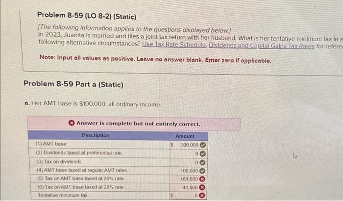 Problem 8-59 (LO 8-2) (Static)
[The following information applies to the questions displayed below.
In 2023, Juanita is married and files a joint tax return with her husband. What is her tentative minimum tax in e
following alternative circumstances? Use Tax Rate Schedule. Dividends and Capital Gains Tax Rates for referes
Note: Input all values as positive. Leave no answer blank. Enter zero if applicable.
Problem 8-59 Part a (Static)
a. Her AMT base is $100,000, all ordinary income.
Answer is complete but not entirely correct.
Amount
$ 100,000
Description
(1) AMT base
(2) Dividends taxed at preferential rate
(3) Tax on dividends
(4) AMT base taxed at regular AMT rates
(5) Tax on AMT base taxed at 26% rate
(6) Tax on AMT base taxed at 28% rate
Tentative minimum tax
0
0
100,000
161,000
›› › ›***
41,860 X
0x