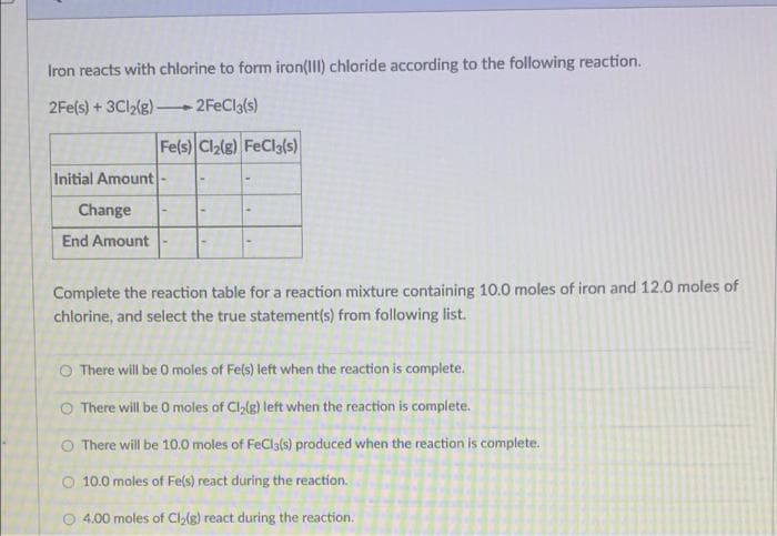 Iron reacts with chlorine to form iron(Il) chloride according to the following reaction.
2Fe(s) + 3CI2(g) - 2FECI3(s)
Fe(s) Clale) FeCla(s)
Initial Amount
Change
End Amount
Complete the reaction table for a reaction mixture containing 10.0 moles of iron and 12.0 moles of
chlorine, and select the true statement(s) from following list.
O There will be O moles of Fe(s) left when the reaction is complete.
O There will be 0 moles of Cl,(g) left when the reaction is complete.
O There will be 10.0 moles of FeCla(s) produced when the reaction is complete.
O 10.0 moles of Fe(s) react during the reaction.
4.00 moles of Cl,(g) react during the reaction.
