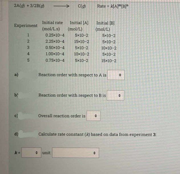 2A(g) + 3/2B(g)
Experiment
e
b)
D
d)
k=
12345
Initial rate
(mol/L.s)
→→ C(g)
0.25*10-4
2.25x10-4
0.50×10-4
1.00×10-4
0.75*10-4
Initial [A]
(mol/L)
5x10-2
15x10-2
5x10-2
10×10-2
5x10-2
unit:
Overall reaction order is
Rate = K[A][B]
Initial [B]
(mol/L)
Reaction order with respect to A is
Reaction order with respect to B is
5x10-2
5x10-2
10x10-2
5x10-2
15x10-2
O
"
O
Calculate rate constant (k) based on data from experiment 3: