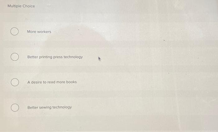 Multiple Choice
O
O
More workers
Better printing press technology
A desire to read more books
Better sewing technology