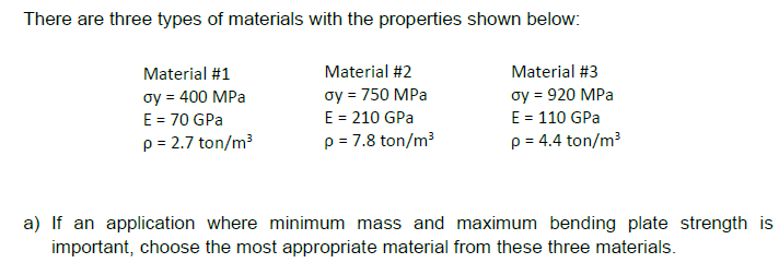 There are three types of materials with the properties shown below:
Material #1
oy = 400 MPa
E = 70 GPa
p = 2.7 ton/m³
Material #2
oy = 750 MPa
E = 210 GPa
p = 7.8 ton/m³
Material #3
oy = 920 MPa
E = 110 GPa
p = 4.4 ton/m³
a) If an application where minimum mass and maximum bending plate strength is
important, choose the most appropriate material from these three materials.