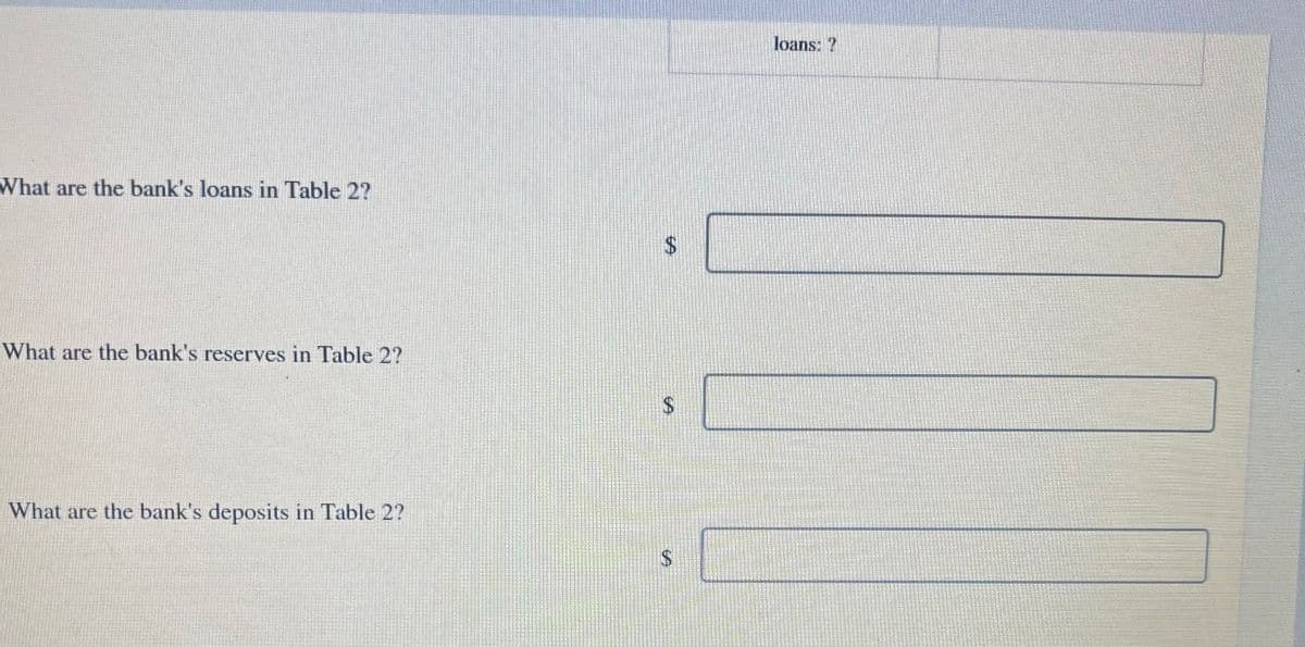 What are the bank's loans in Table 2?
What are the bank's reserves in Table 2?
What are the bank's deposits in Table 2?
$
$
$
loans: 7