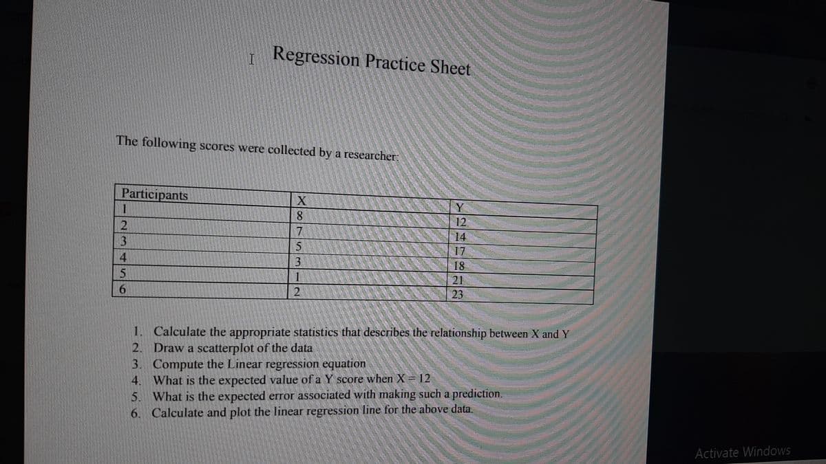 Regression Practice Sheet
The following scores were collected by a researcher:
Participants
Y
12
14
17
18
21
23
8.
7
3
4
5
3.
1
1. Calculate the appropriate statistics that describes the relationship between X and Y
2. Draw a scatterplot of the data
3. Compute the Linear regression equation
4. What is the expected value of a Y score when X= 12
5. What is the expected error associated with making such a prediction.
6. Calculate and plot the linear regression line for the above data.
Activate Windows
