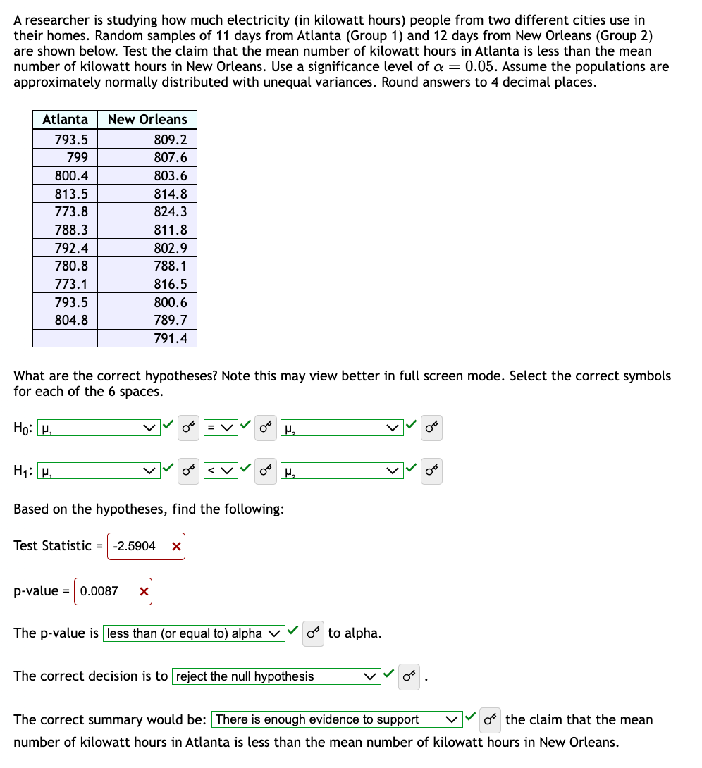 A researcher is studying how much electricity (in kilowatt hours) people from two different cities use in
their homes. Random samples of 11 days from Atlanta (Group 1) and 12 days from New Orleans (Group 2)
are shown below. Test the claim that the mean number of kilowatt hours in Atlanta is less than the mean
number of kilowatt hours in New Orleans. Use a significance level of a = 0.05. Assume the populations are
approximately normally distributed with unequal variances. Round answers to 4 decimal places.
Atlanta New Orleans
793.5
809.2
799
807.6
800.4
803.6
813.5
814.8
773.8
824.3
788.3
811.8
802.9
788.1
816.5
800.6
789.7
791.4
792.4
780.8
773.1
793.5
804.8
What are the correct hypotheses? Note this may view better in full screen mode. Select the correct symbols
for each of the 6 spaces.
Ho: H,
H₁: H₁
Based on the hypotheses, find the following:
Test Statistic = -2.5904 X
p-value = 0.0087 X
H₁₂
The p-value is less than (or equal to) alpha ✓
H₂
The correct decision is to reject the null hypothesis
to alpha.
The correct summary would be: There is enough evidence to support
o the claim that the mean
number of kilowatt hours in Atlanta is less than the mean number of kilowatt hours in New Orleans.