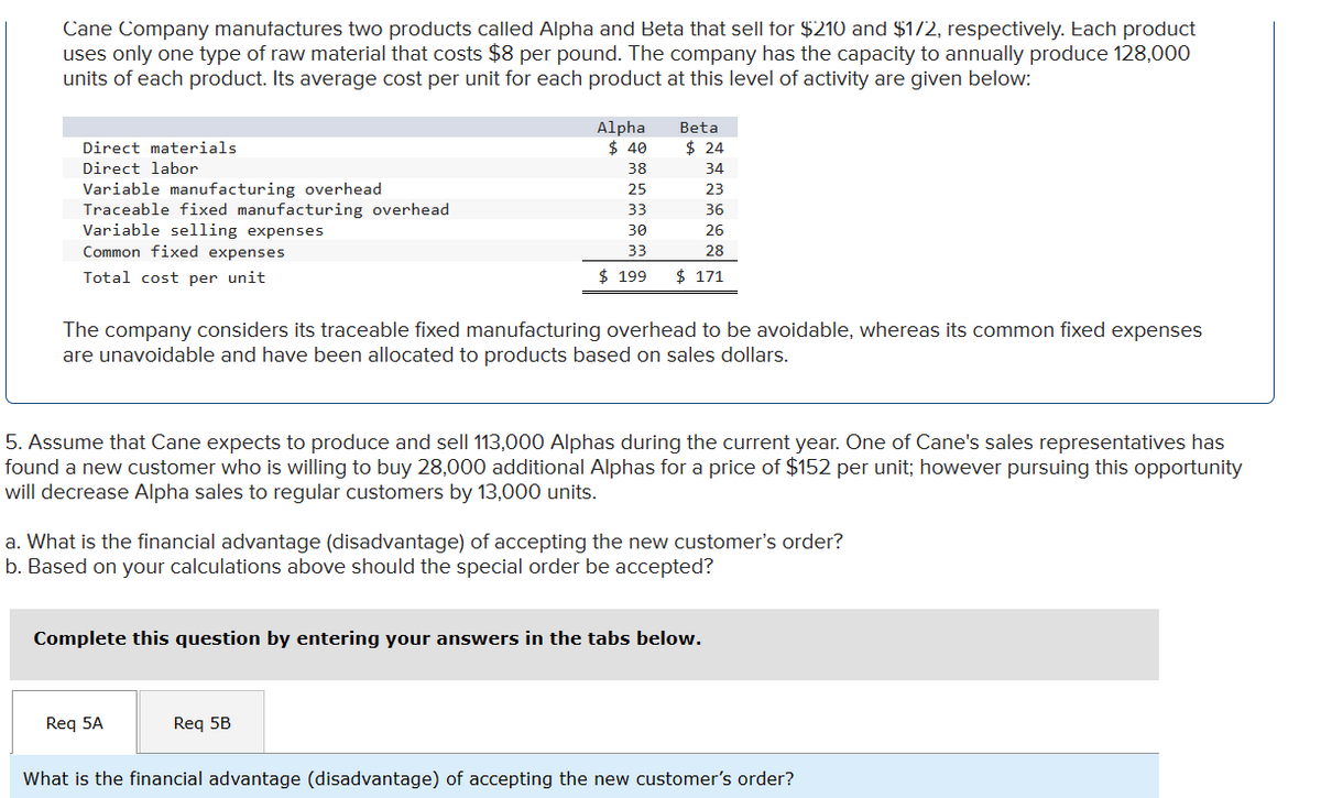 Cane Company manufactures two products called Alpha and Beta that sell for $210 and $1/2, respectively. Each product
uses only one type of raw material that costs $8 per pound. The company has the capacity to annually produce 128,000
units of each product. Its average cost per unit for each product at this level of activity are given below:
Direct materials
Direct labor
Variable manufacturing overhead
Traceable fixed manufacturing overhead
Variable selling expenses
Common fixed expenses
Total cost per unit
Alpha
Beta
$ 40
$ 24
38
34
25
23
33
36
30
26
33
28
$ 199
$ 171
The company considers its traceable fixed manufacturing overhead to be avoidable, whereas its common fixed expenses
are unavoidable and have been allocated to products based on sales dollars.
5. Assume that Cane expects to produce and sell 113,000 Alphas during the current year. One of Cane's sales representatives has
found a new customer who is willing to buy 28,000 additional Alphas for a price of $152 per unit; however pursuing this opportunity
will decrease Alpha sales to regular customers by 13,000 units.
a. What is the financial advantage (disadvantage) of accepting the new customer's order?
b. Based on your calculations above should the special order be accepted?
Complete this question by entering your answers in the tabs below.
Req 5A
Req 5B
What is the financial advantage (disadvantage) of accepting the new customer's order?