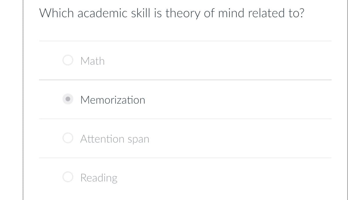 Which academic skill is theory of mind related to?
Math
Memorization
Attention span
O Reading