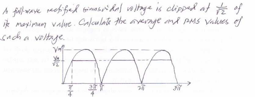A ful-wave reebifel Ginasen Rad volitnge is clipped at of
ik mayimum valye . Calculate the ayerage and PMS Vahres of
such a voltage.
4
4
