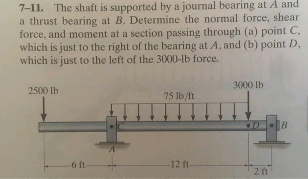 7-11. The shaft is supported by a journal bearing at A and
a thrust bearing at B. Determine the normal force, shear
force, and moment at a section passing through (a) point C,
which is just to the right of the bearing at A, and (b) point D,
which is just to the left of the 3000-lb force.
3000 lb
2500 lb
75 lb/ft
B
6 ft-
-12 ft-
2 ft
