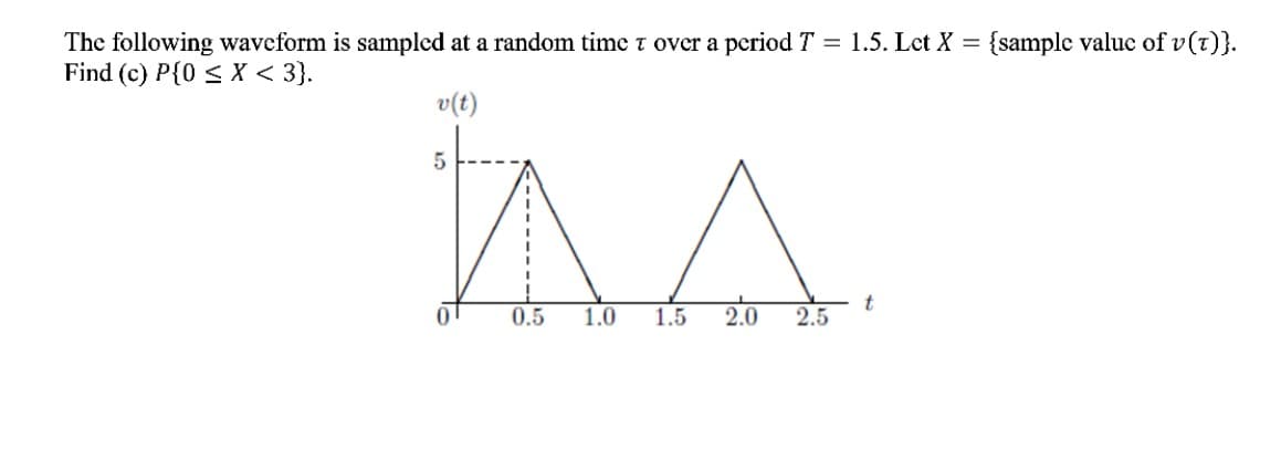 The following waveform is sampled at a random time t over a period T = 1.5. Let X = {sample valuc of v(t)}.
Find (c) P{0 < X < 3}.
v(t)
0.5
1.0
1.5
2.0
2.5
