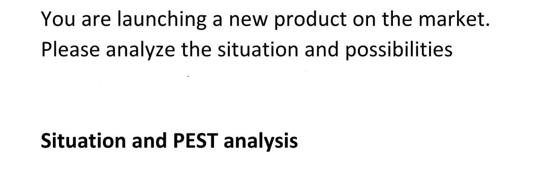 You are launching a new product on the market.
Please analyze the situation and possibilities
Situation and PEST analysis
