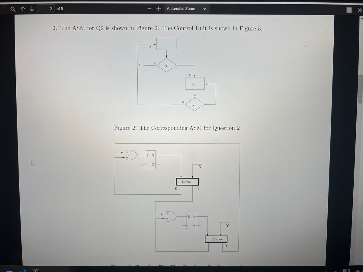 Q↑↓
D
2 of 5
2. The ASM for Q2 is shown in Figure 2. The Control Unit is shown in Figure 3.
0
D
+ Automatic Zoom
DQ
Y
X
Figure 2: The Corresponding ASM for Question 2
0
Z
Demux
Y
DQ
Q'
1
Demux
Y
0
ENG