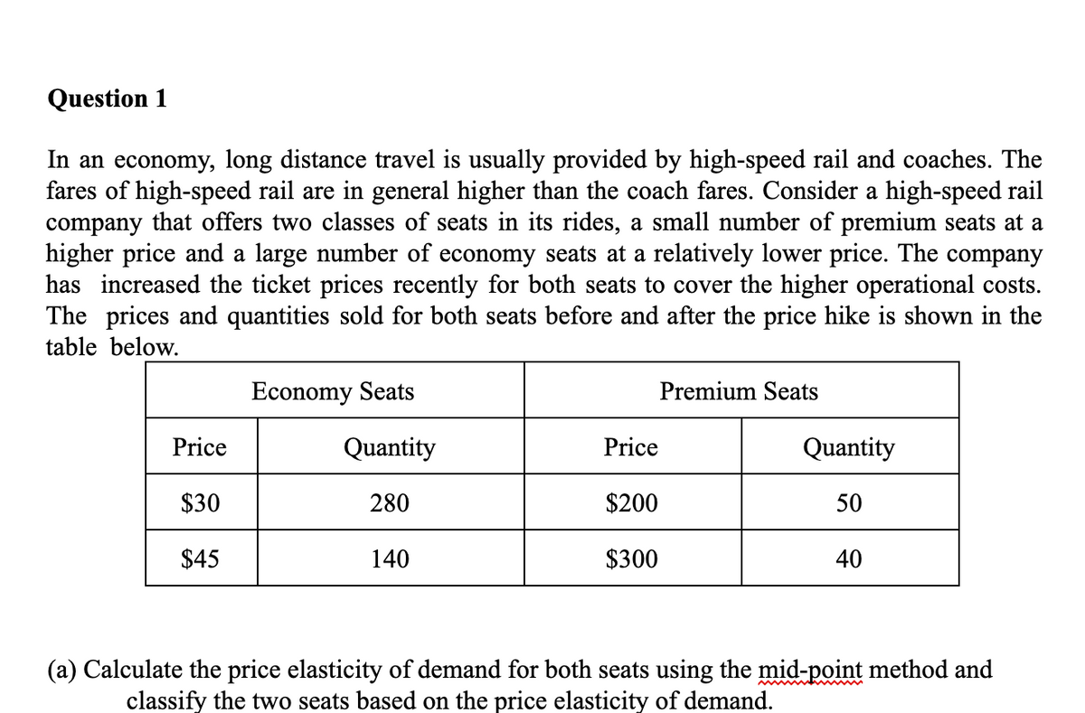 Question 1
In an economy, long distance travel is usually provided by high-speed rail and coaches. The
fares of high-speed rail are in general higher than the coach fares. Consider a high-speed rail
company that offers two classes of seats in its rides, a small number of premium seats at a
higher price and a large number of economy seats at a relatively lower price. The company
has increased the ticket prices recently for both seats to cover the higher operational costs.
The prices and quantities sold for both seats before and after the price hike is shown in the
table below.
Economy Seats
Premium Seats
Price
Quantity
Price
Quantity
$30
280
$200
50
$45
140
$300
40
(a) Calculate the price elasticity of demand for both seats using the mid-point method and
classify the two seats based on the price elasticity of demand.
