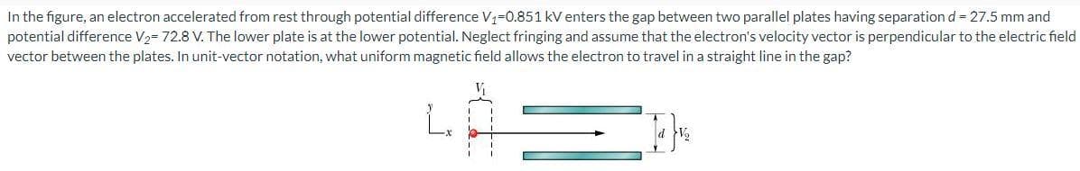 In the figure, an electron accelerated from rest through potential difference V₁-0.851 kV enters the gap between two parallel plates having separation d = 27.5 mm and
potential difference V₂= 72.8 V. The lower plate is at the lower potential. Neglect fringing and assume that the electron's velocity vector is perpendicular to the electric field
vector between the plates. In unit-vector notation, what uniform magnetic field allows the electron to travel in a straight line in the gap?
L₂
d V₂