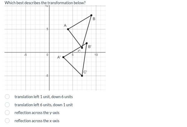 Which best describes the transformation below?
10
0000
-5
-5
0
A'
-5
B
A
translation left 1 unit, down 6 units
translation left 6 units, down 1 unit
reflection across the y-axis
reflection across the x-axis
10
C.
B'
C'
10