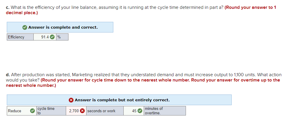 c. What is the efficiency of your line balance, assuming it is running at the cycle time determined in part a? (Round your answer to 1
decimal place.)
O Answer is complete and correct.
Efficiency
91.4 O %
d. After production was started, Marketing realized that they understated demand and must increase output to 1,100 units. What action
would you take? (Round your answer for cycle time down to the nearest whole number. Round your answer for overtime up to the
nearest whole number.)
Answer is complete but not entirely correct.
cycle time
to
minutes of
overtime.
Reduce
2,700 X seconds or work
45 V
