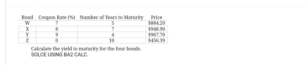 Bond Coupon Rate (%) Number of Years to Maturity Price
TII
$884.20
$948.90
$967.70
$456.39
W
X
Y
7
8
9
0
5
7
4
10
Calculate the yield to maturity for the four bonds.
SOLCE USING BA2 CALC.
