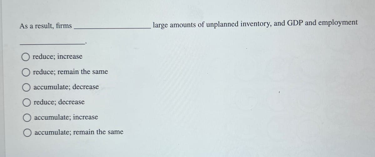 As a result, firms
reduce; increase
reduce; remain the same
accumulate; decrease
reduce; decrease
accumulate; increase
accumulate; remain the same
large amounts of unplanned inventory, and GDP and employment