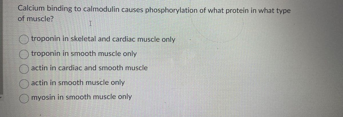 Calcium binding to calmodulin causes phosphorylation of what protein in what type
of muscle?
I
Otroponin in skeletal and cardiac muscle only
troponin in smooth muscle only
actin in cardiac and smooth muscle
actin in smooth muscle only
myosin in smooth muscle only