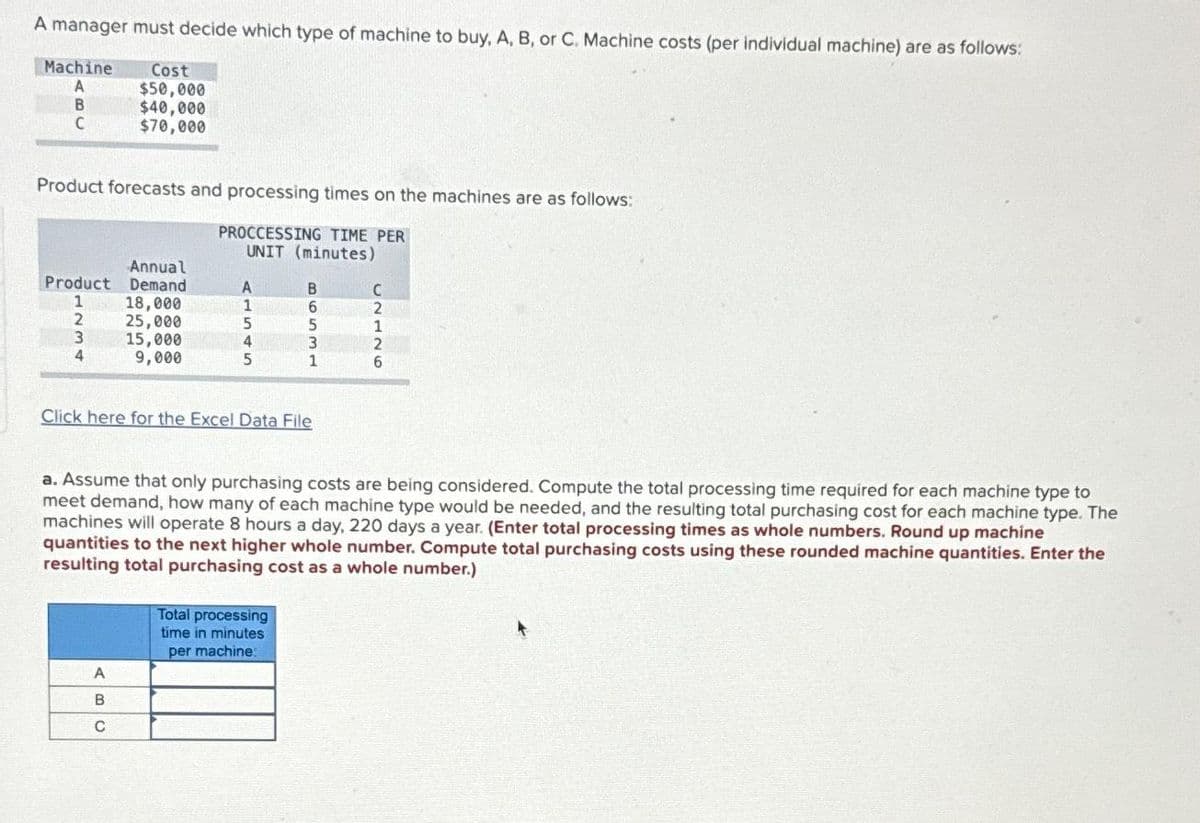 A manager must decide which type of machine to buy, A, B, or C. Machine costs (per individual machine) are as follows:
Machine
Cost
$50,000
A
B
$40,000
C
$70,000
Product forecasts and processing times on the machines are as follows:
PROCCESSING TIME PER
UNIT (minutes)
Annual
Product Demand
1
2
3
4
18,000
25,000
15,000
9,000
A
1
5
4
5
A
B
C
B
Click here for the Excel Data File
6531
Total processing
time in minutes
per machine:
a. Assume that only purchasing costs are being considered. Compute the total processing time required for each machine type to
meet demand, how many of each machine type would be needed, and the resulting total purchasing cost for each machine type. The
machines will operate 8 hours a day, 220 days a year. (Enter total processing times as whole numbers. Round up machine
quantities to the next higher whole number. Compute total purchasing costs using these rounded machine quantities. Enter the
resulting total purchasing cost as a whole number.)
C
2
1
2
6