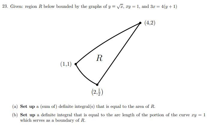 23. Given: region R below bounded by the graphs of y = √√x, xy = 1, and 3x = 4(y + 1)
(1,1)
R
(4,2)
(2, 1)
(a) Set up a (sum of) definite integral(s) that is equal to the area of R.
(b) Set up a definite integral that is equal to the arc length of the portion of the curve xy = 1
which serves as a boundary of R.