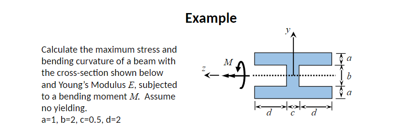 Calculate the maximum stress and
bending curvature of a beam with
the cross-section shown below
and Young's Modulus E, subjected
to a bending moment M. Assume
no yielding.
a=1, b=2, c=0.5, d=2
Example
M
H
d
a
I b
а